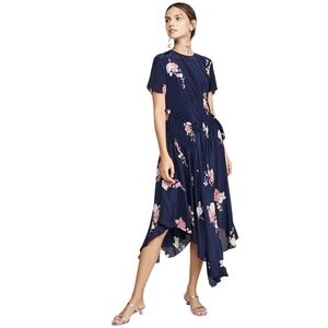 Preen Line Verna Floral Asymetrical Navy Midi Dress